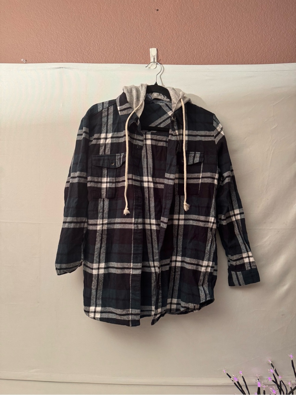 Forever 21 Navy and Blue/Green Plaid Hooded Shirt